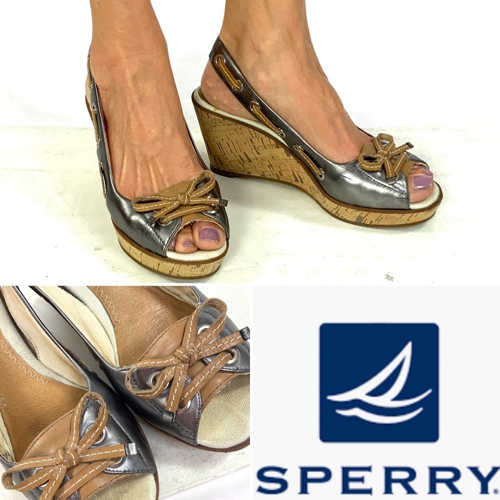 SPERRY TOPSIDER pewter peeptoe cork wedge sandal